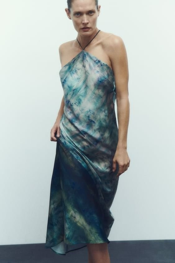 Blue Abstract Tie-Dye Halter Midi Dress - Image 5