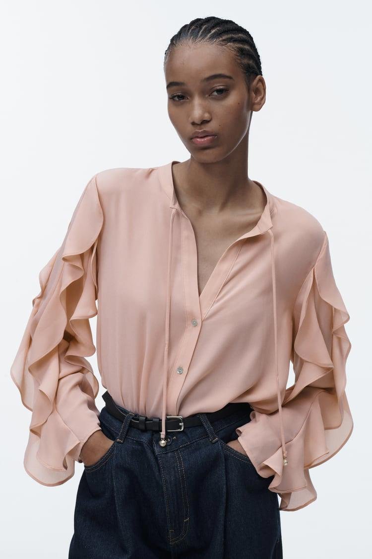 Blush Pink Ruffled Sleeves Blouse With Tie Neck