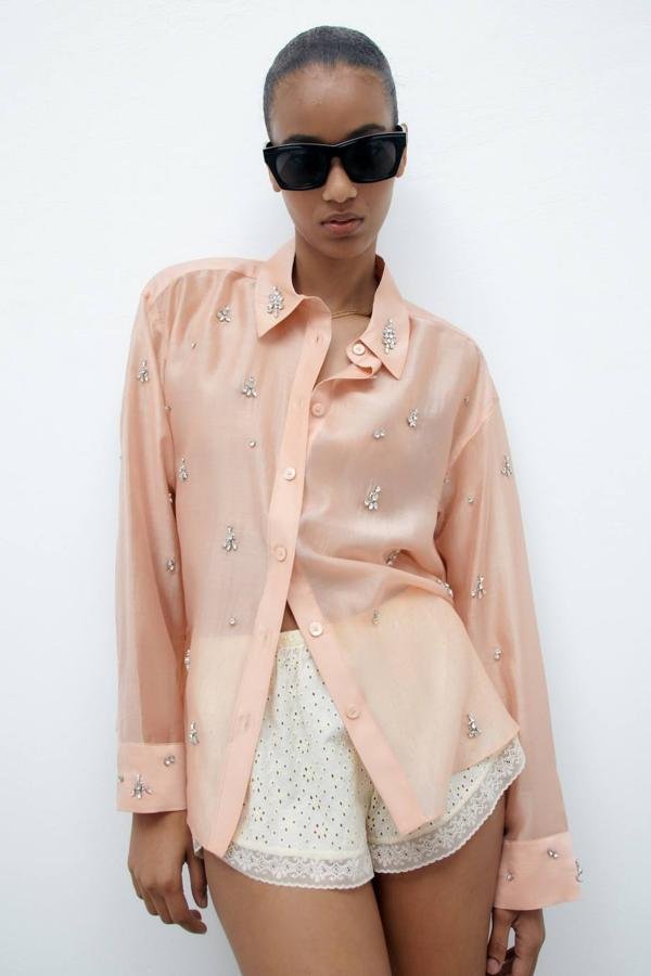 Peach Embellished Organza Shirt