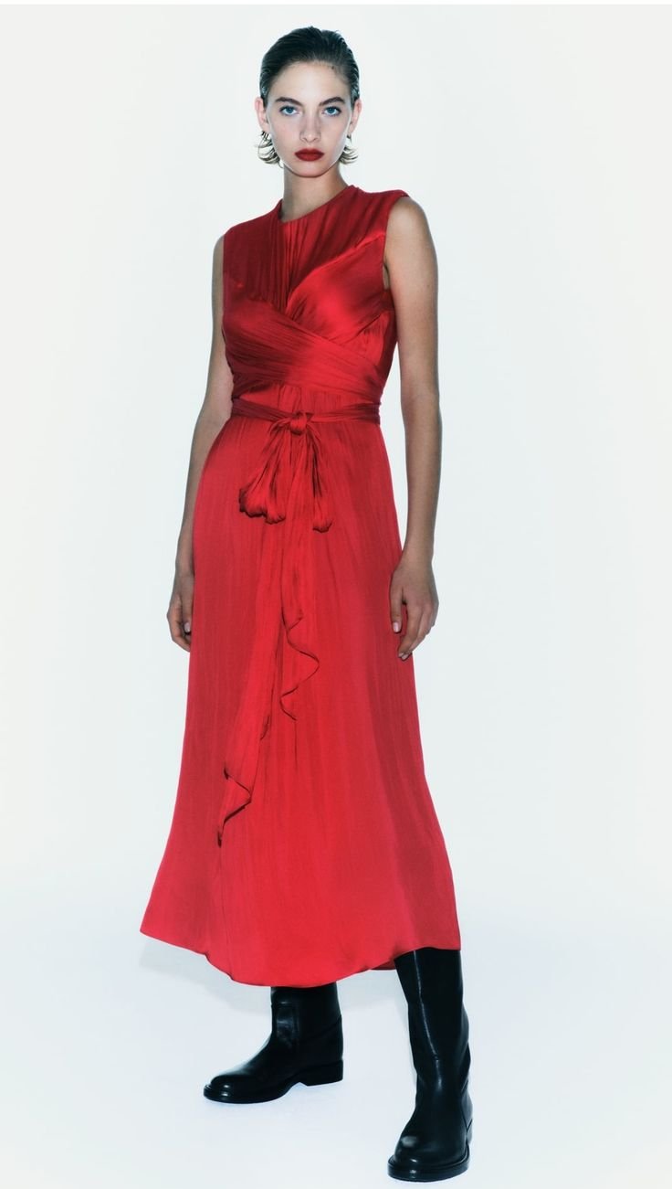 Red Sleeveless Draped Wrap-Front Maxi Dress