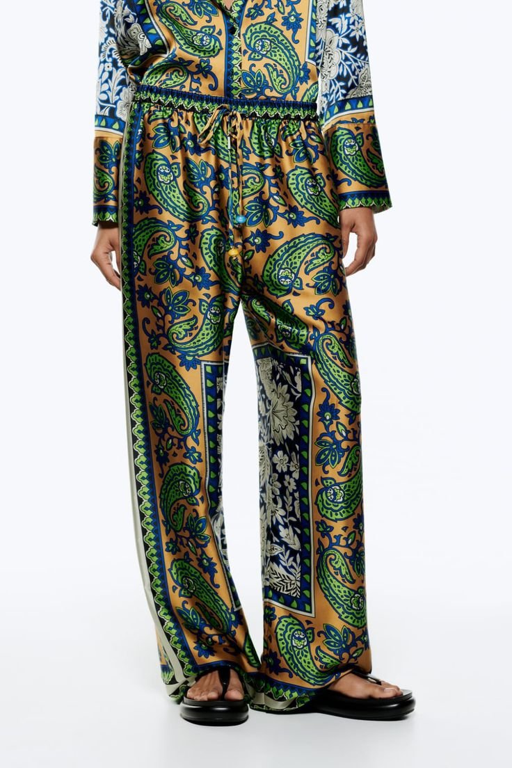 Mustard Green Paisley Print Wide Leg Pants