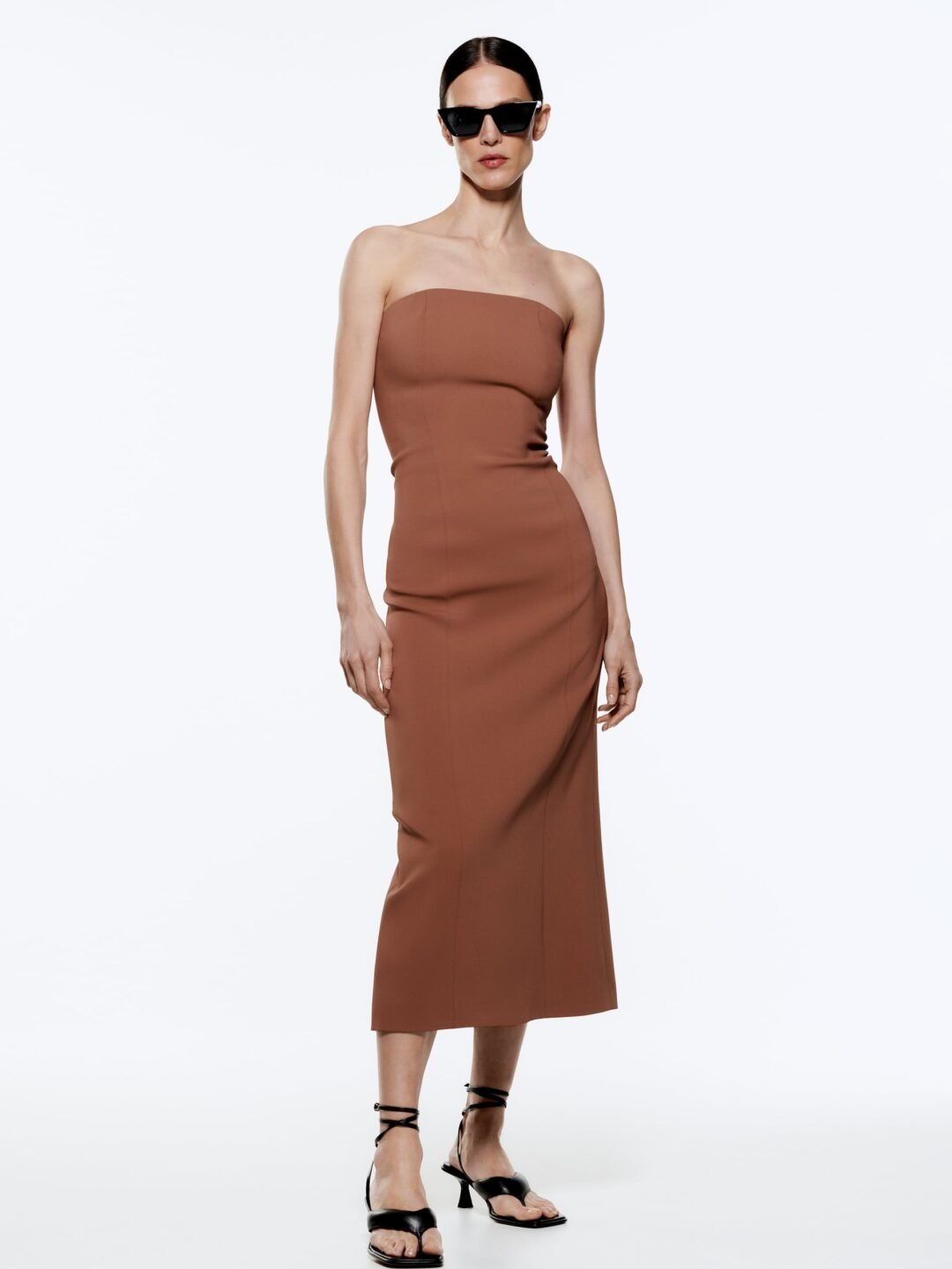 Caramel Brown Strapless Fitted Back Side Slit Dress