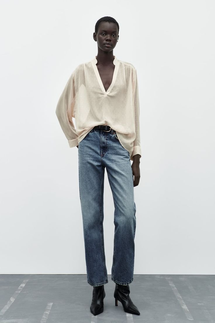 Cream Luminous V Neck Blouse
