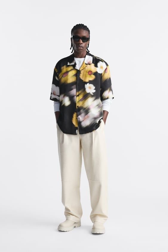 Black Floral Print Camp Collar Shirt