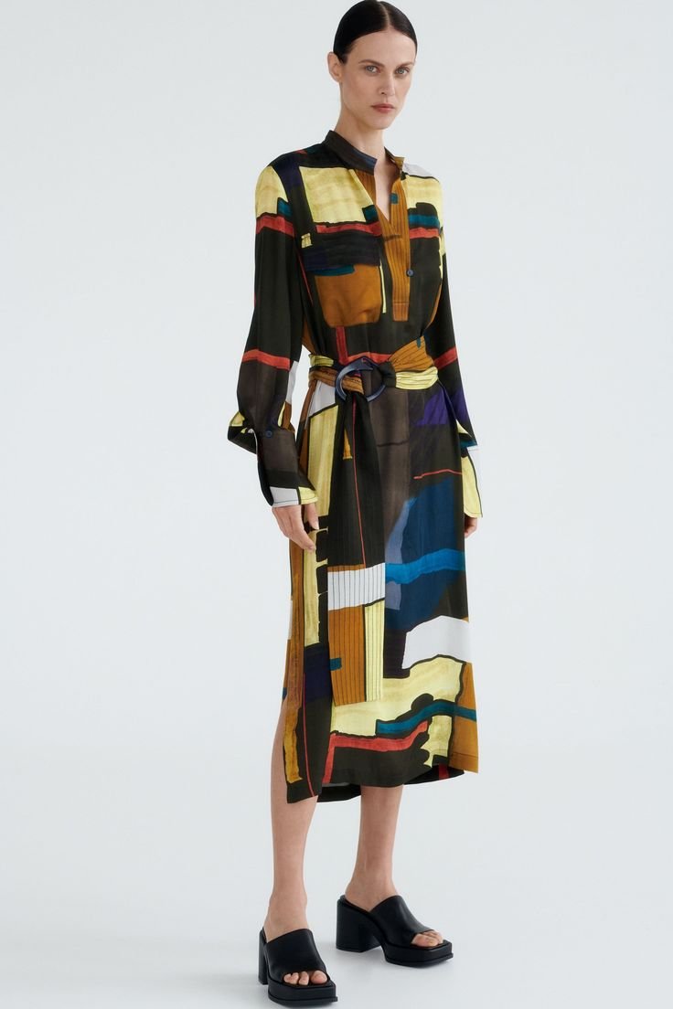Multi Earth Tones Abstract Printed Belted Shirt Dress
