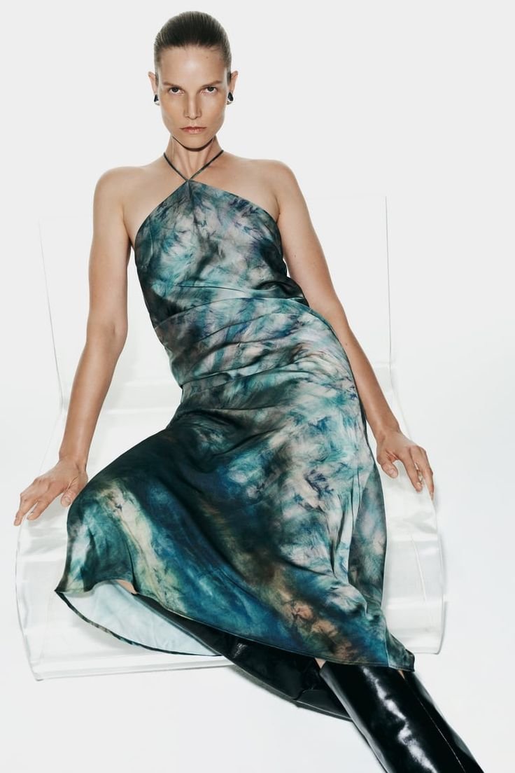 Blue Abstract Tie-Dye Halter Midi Dress