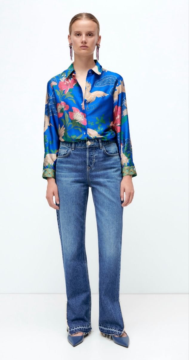 Royal Blue Floral Crane Satin Shirt