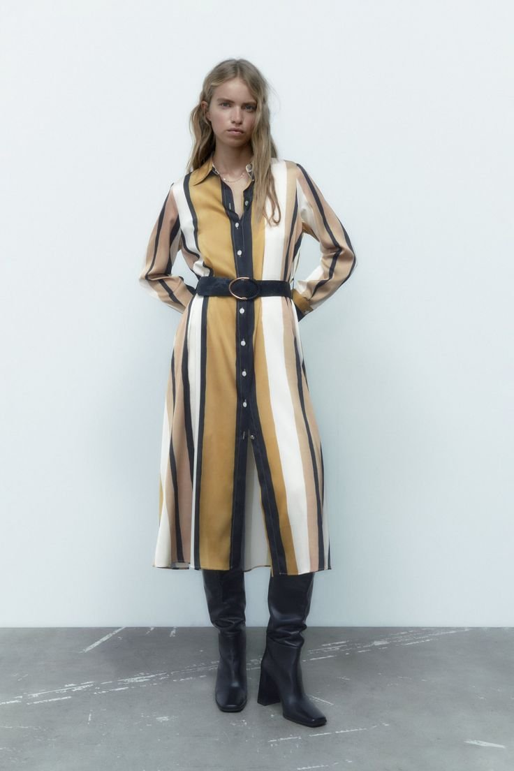 Vertical Striped Satin Shirt Dress