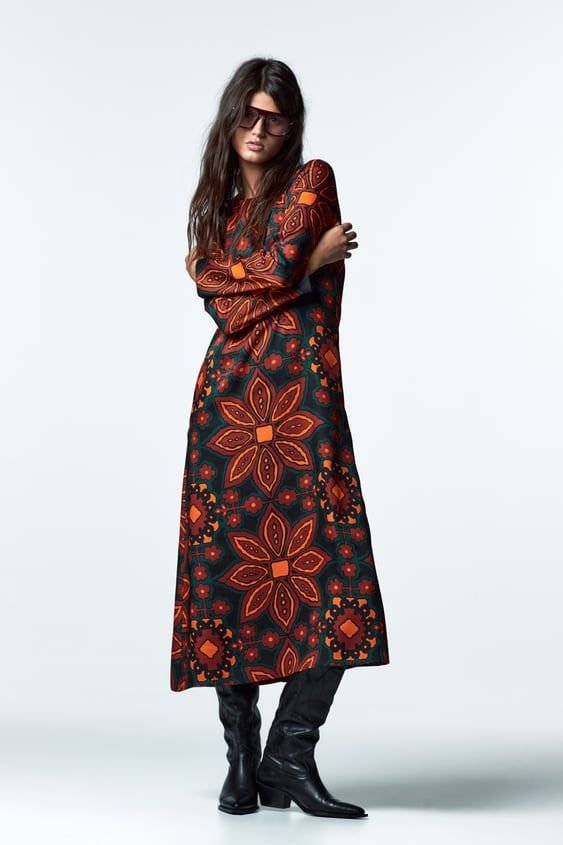 Rust And Teal Floral Print Long Sleeve Midi Dress