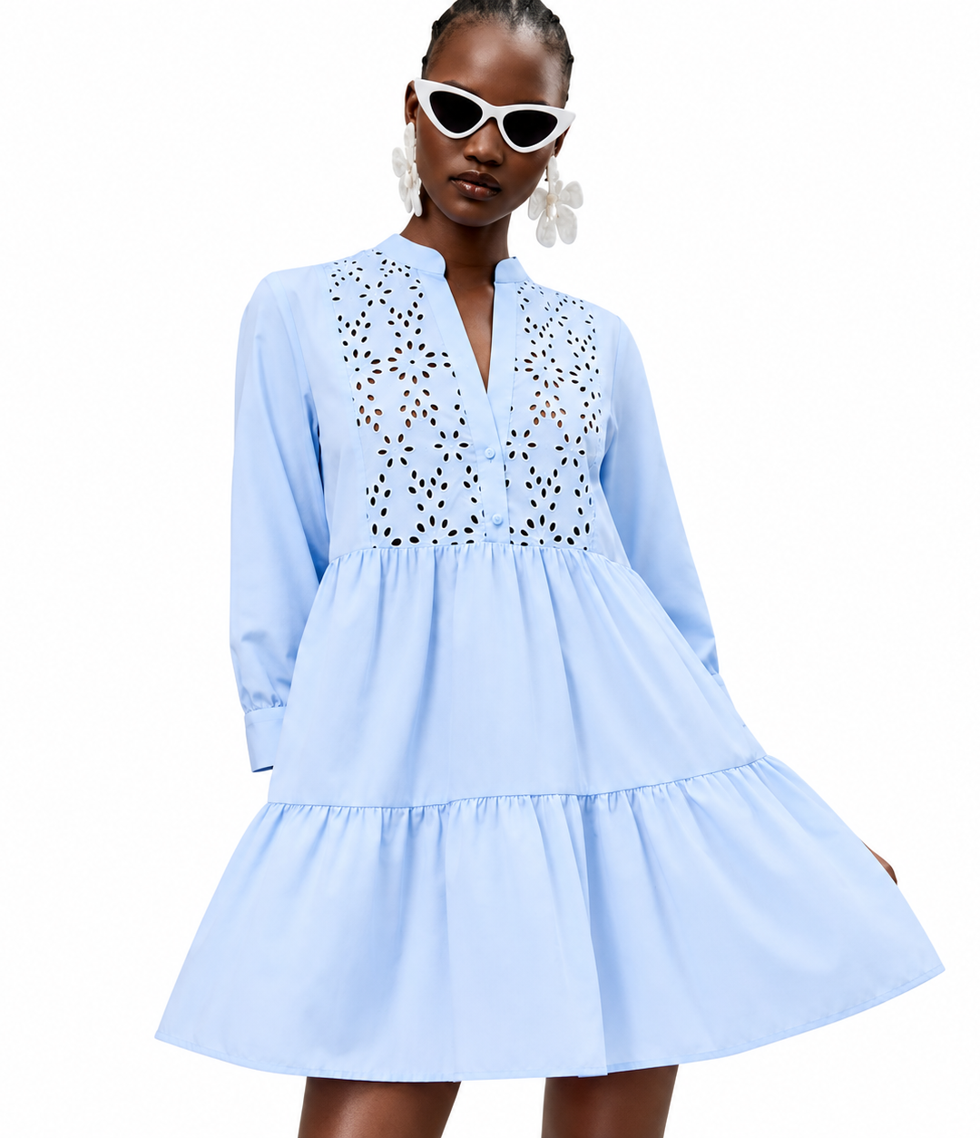 Baby Blue Embroidered Poplin Mini Dress