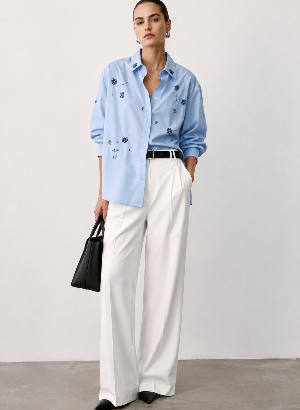 Baby Blue Beaded Embellishment Oversized Shirt