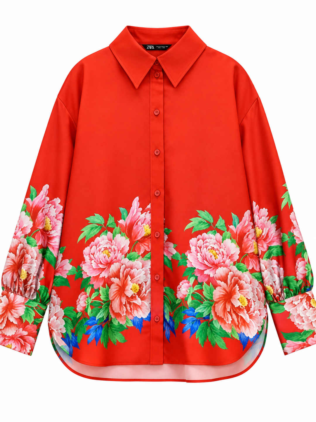 Red Floral Print Satin Oversized Shirt