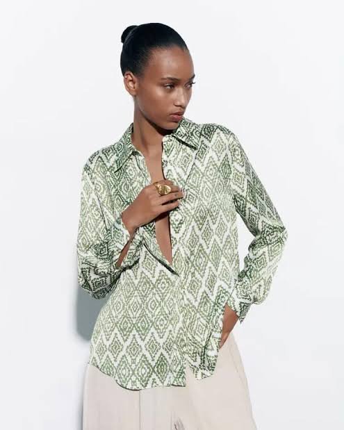 Sage Green Geometric Print Satin Shirt