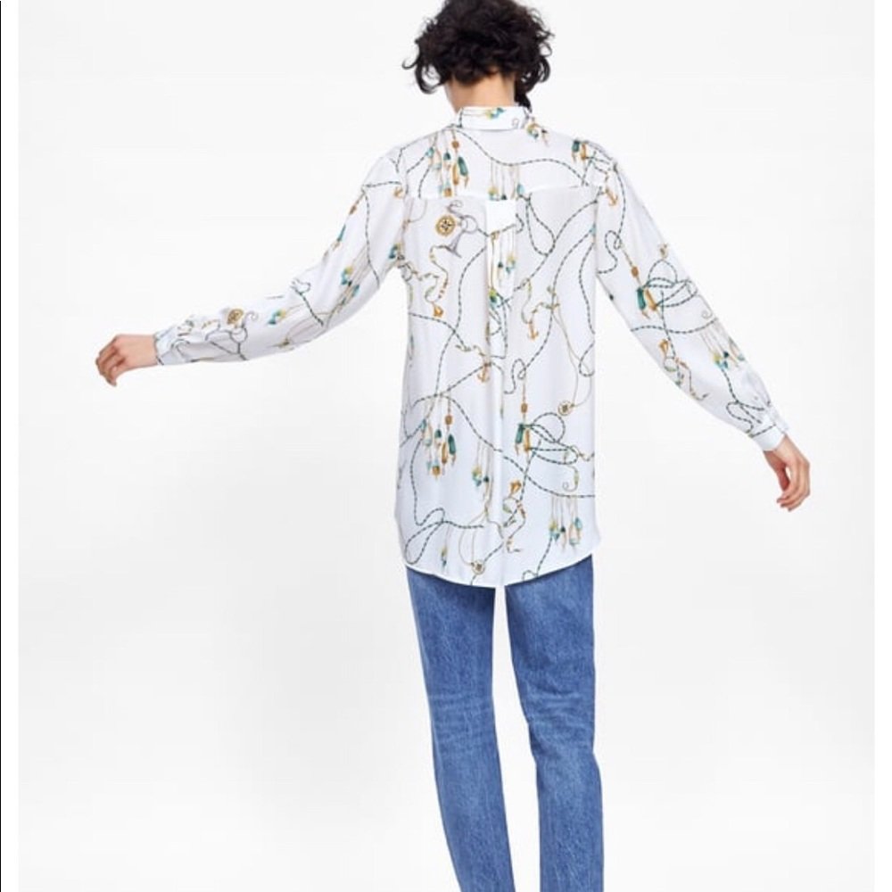 White Equestrian Satin Print Button Down Shirt - Image 2