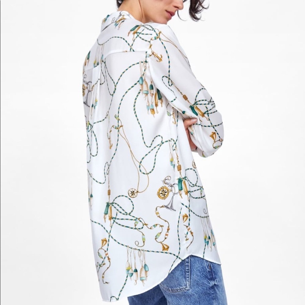 White Equestrian Satin Print Button Down Shirt - Image 3