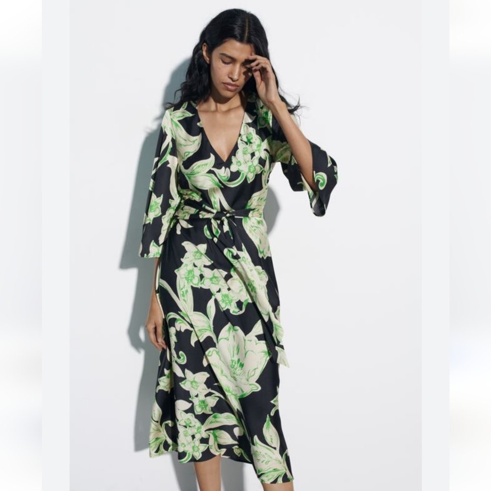 Black Floral Print V-Neck Midi Dress with Flared Sleeves