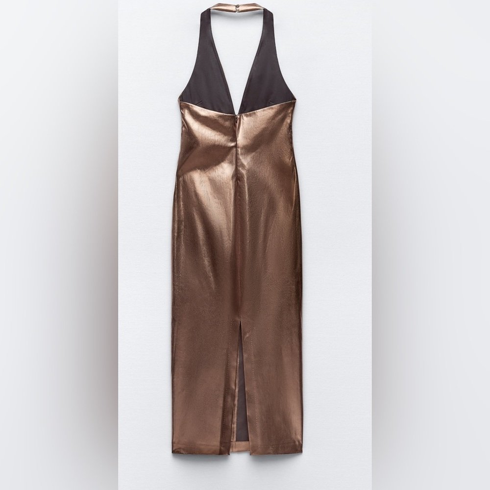 Bronze Metallic Halter Midi Dress - Image 4