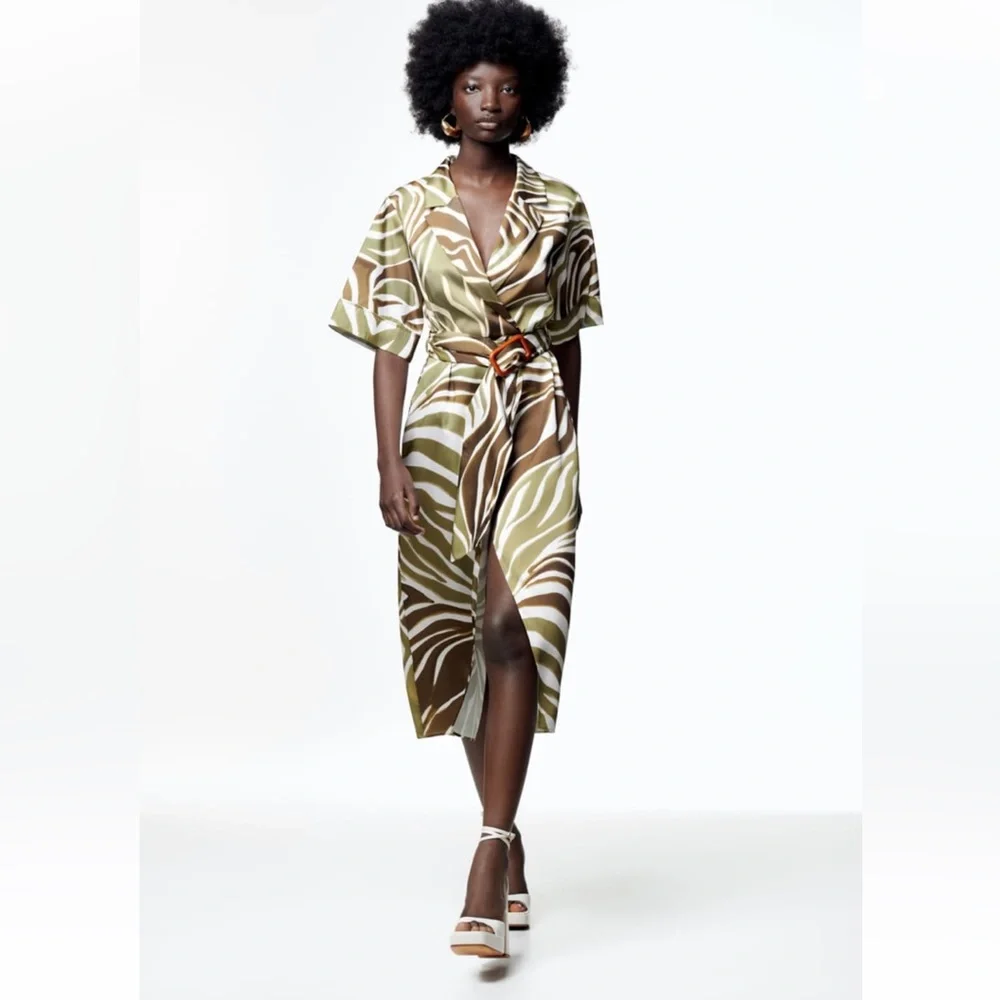 Multi Olive Zebra Print Satin Wrap Midi Dress