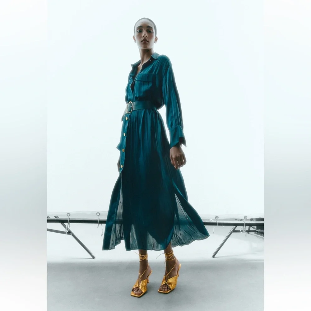 Emerald Satin Shirt Dress With Belt