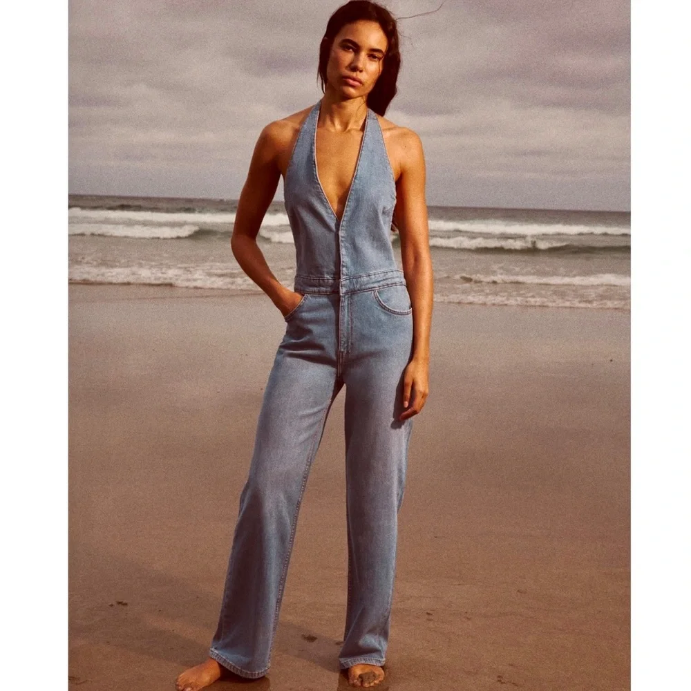 Halter Plunge Neck Denim Jumpsuit