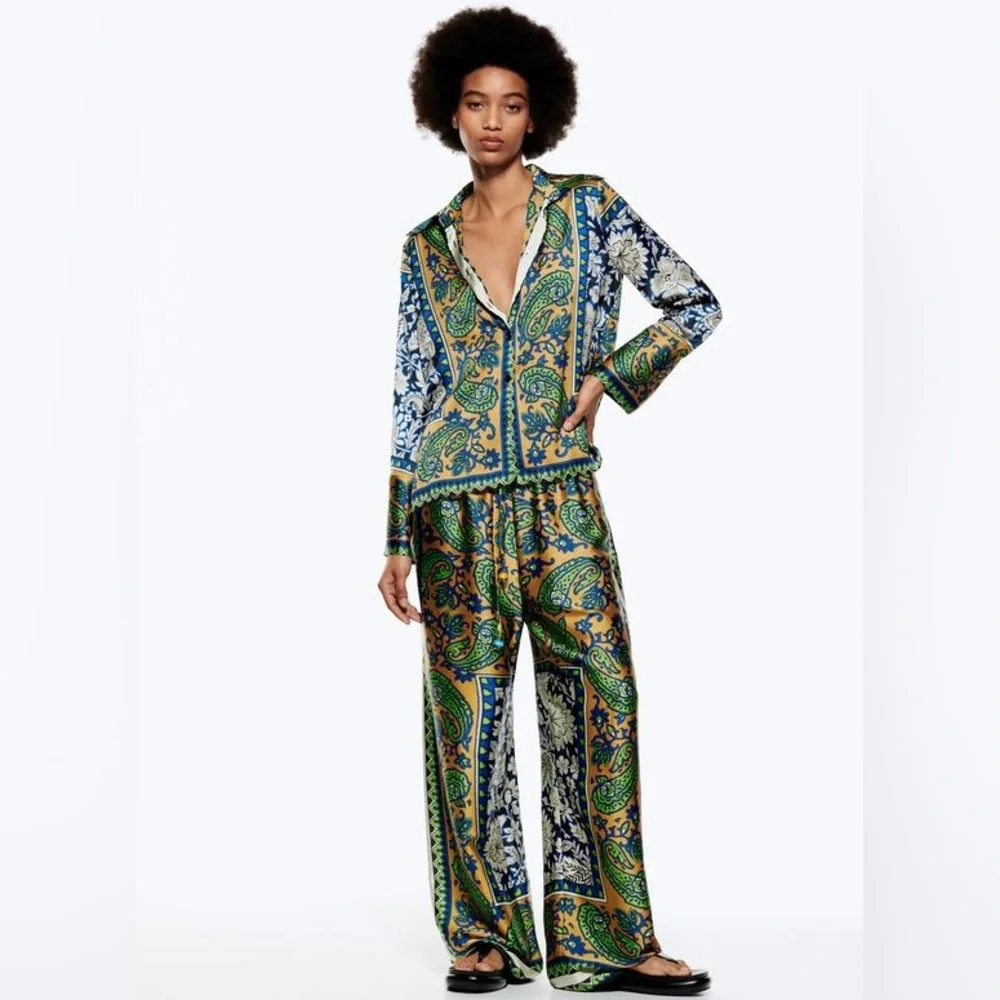 Mustard Green Paisley Print Wide Leg Pants
