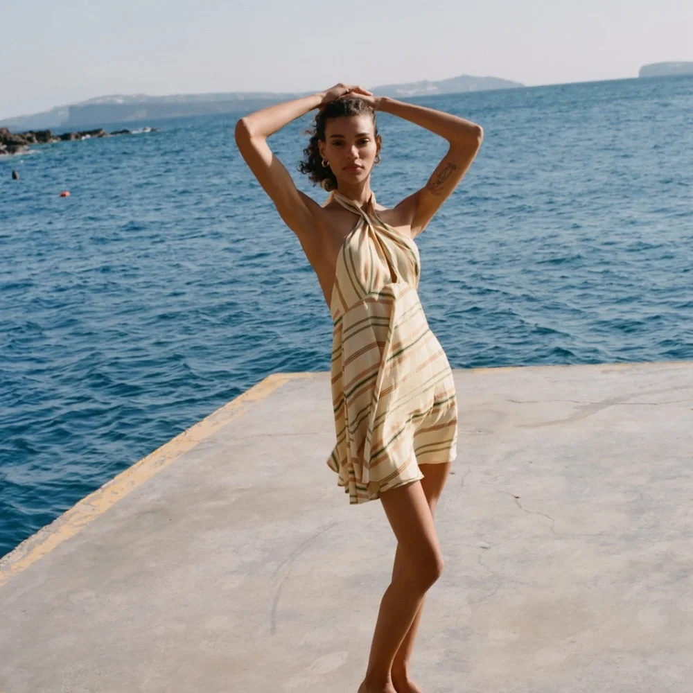 Beige Multi Striped Halter Mini Dress