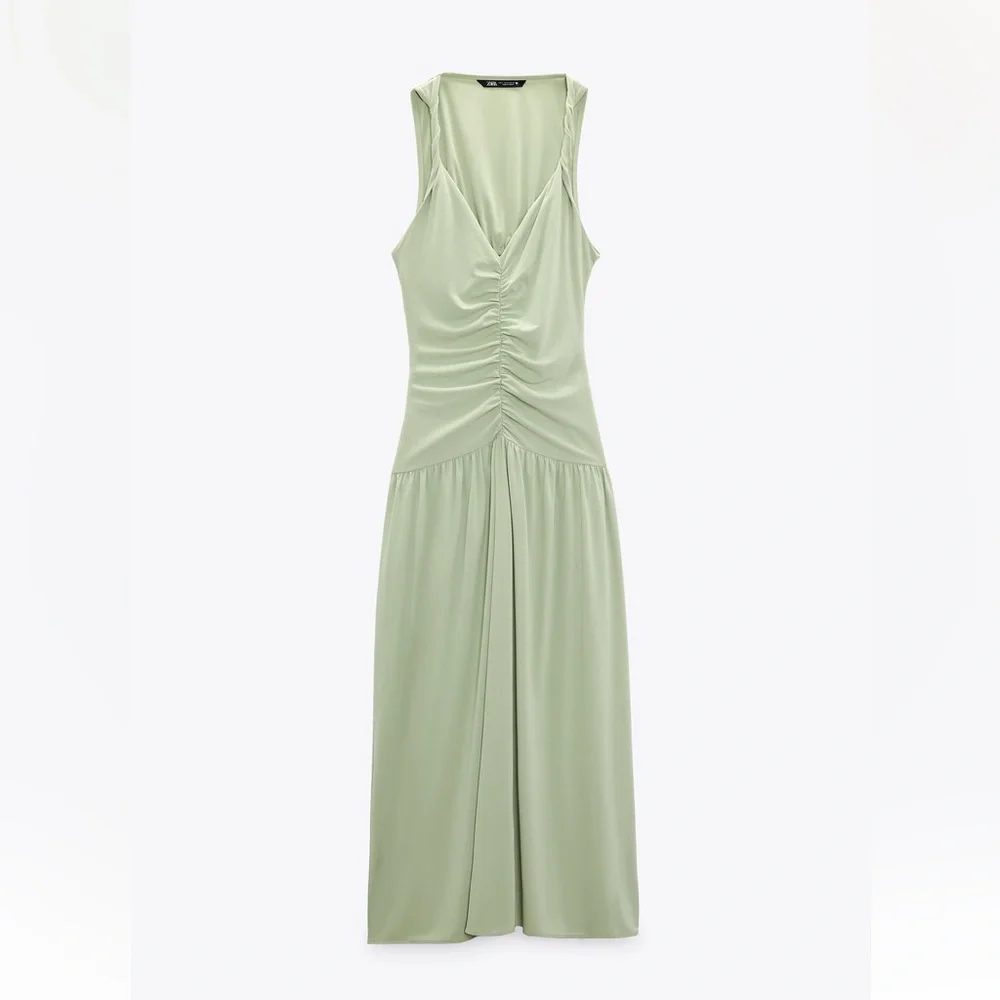 Pastel Lime Ruched V Neck Spaghetti Strap Maxi Dress