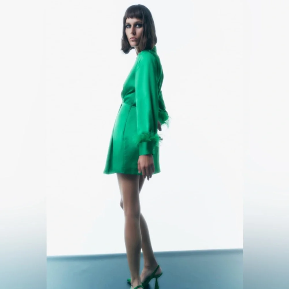 Green Satin Feather Wrap Mini Dress - Image 3