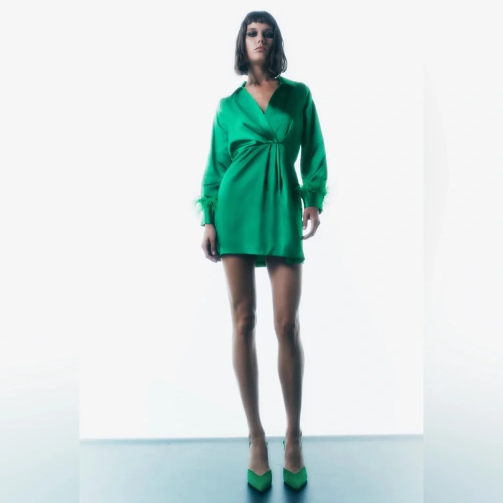 Green Satin Feather Wrap Mini Dress