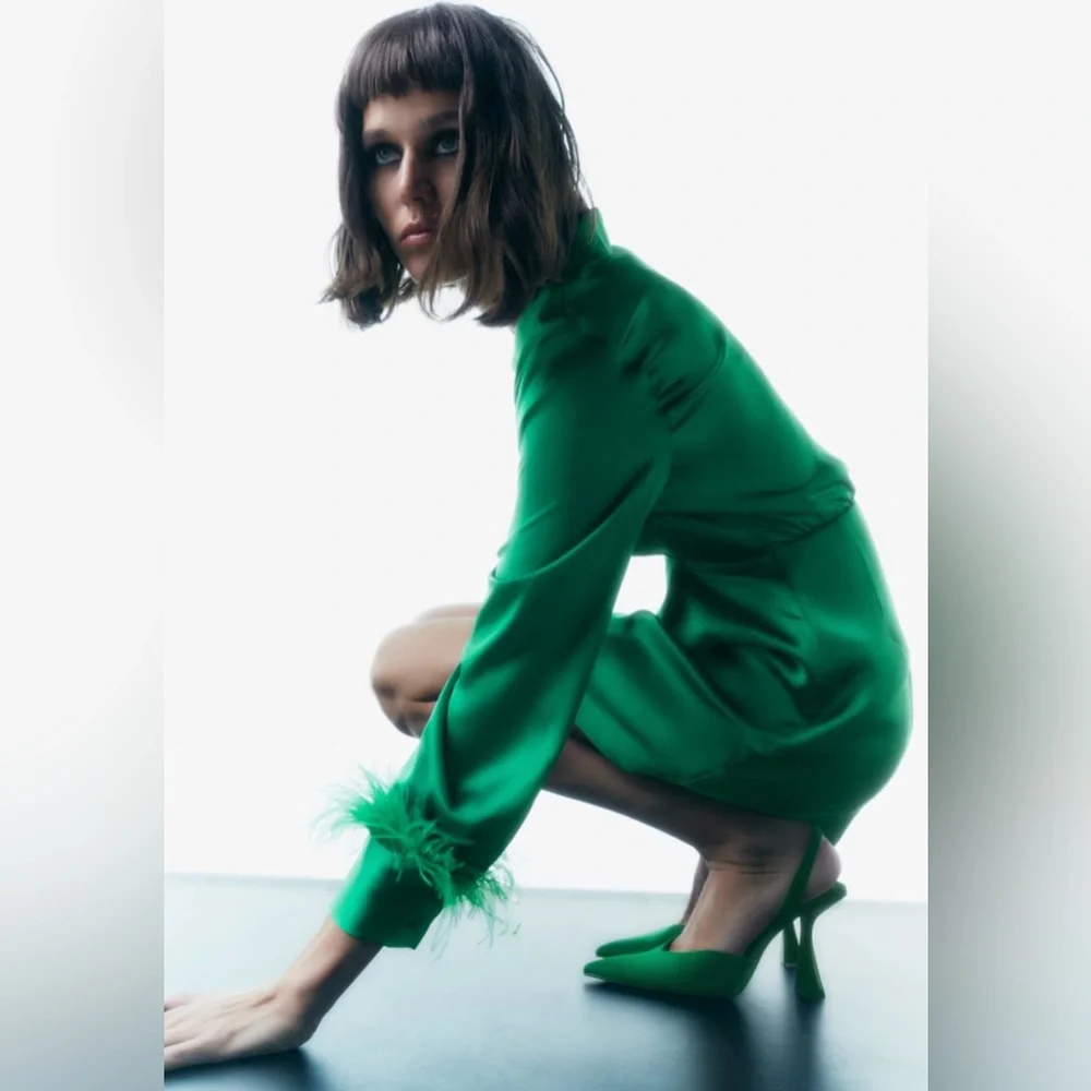 Green Satin Feather Wrap Mini Dress - Image 7