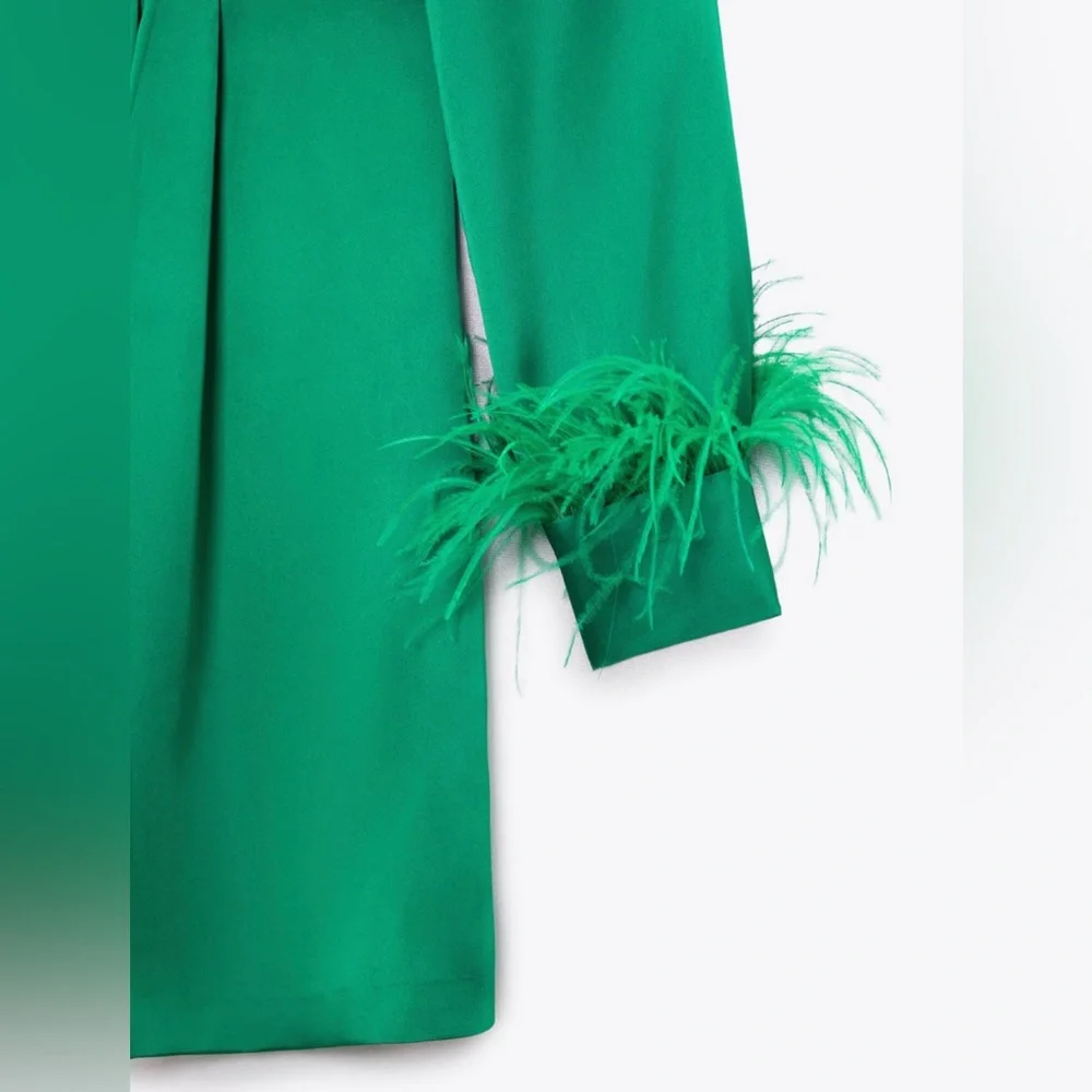 Green Satin Feather Wrap Mini Dress - Image 4