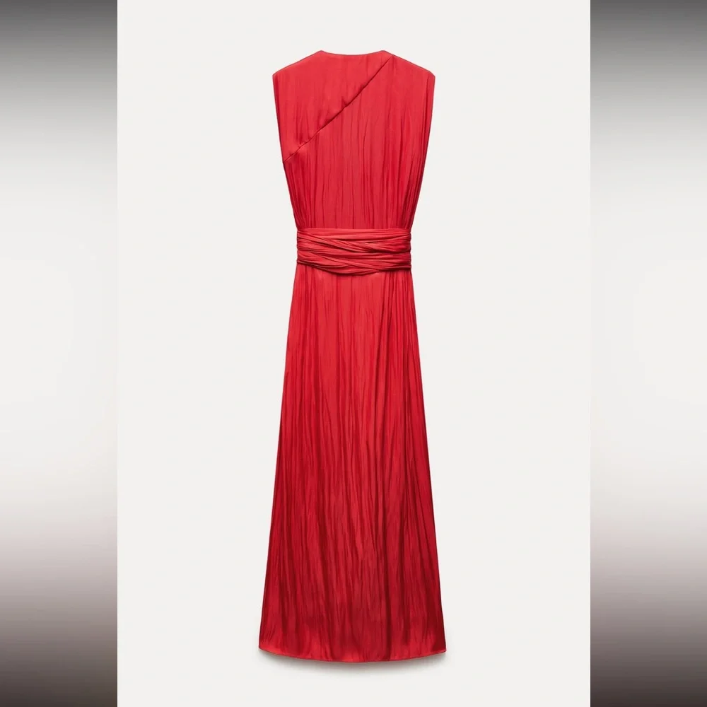 Red Sleeveless Draped Wrap-Front Maxi Dress - Image 5