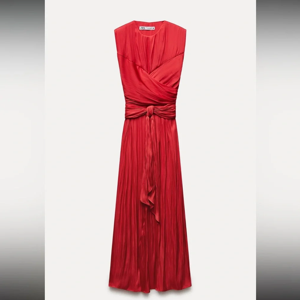 Red Sleeveless Draped Wrap-Front Maxi Dress - Image 4