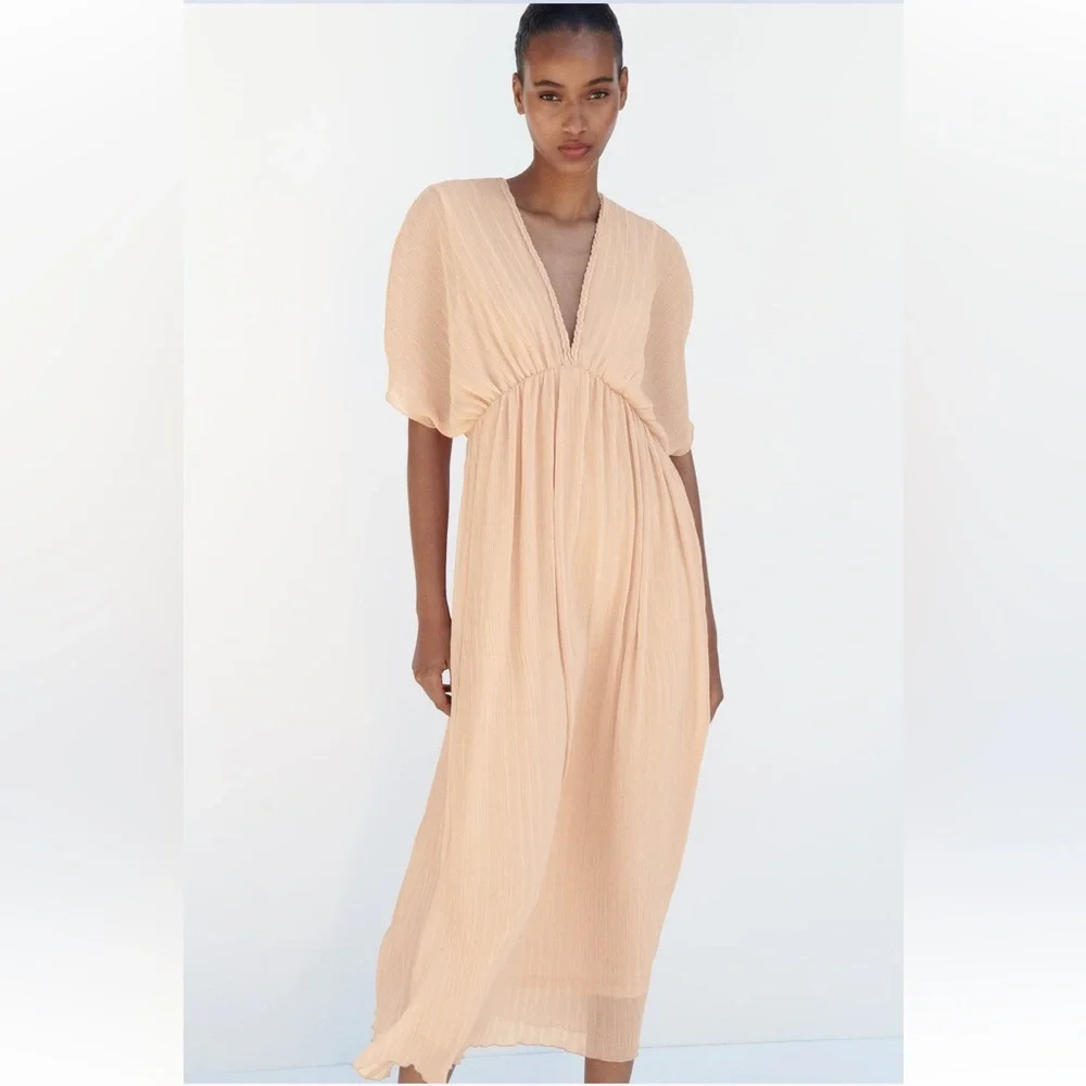 Nude Draped V Neck Flowy Maxi Dress