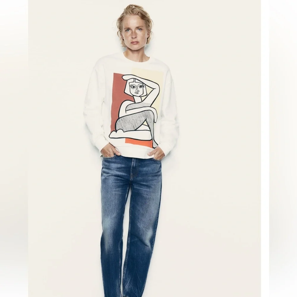 White Abstract Art Graphic Sweatshirt