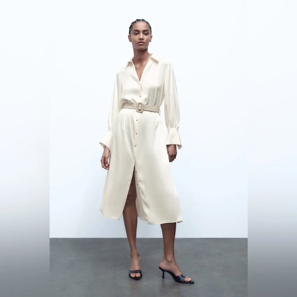 Champagne Satin Belted Midi Shirt Dress