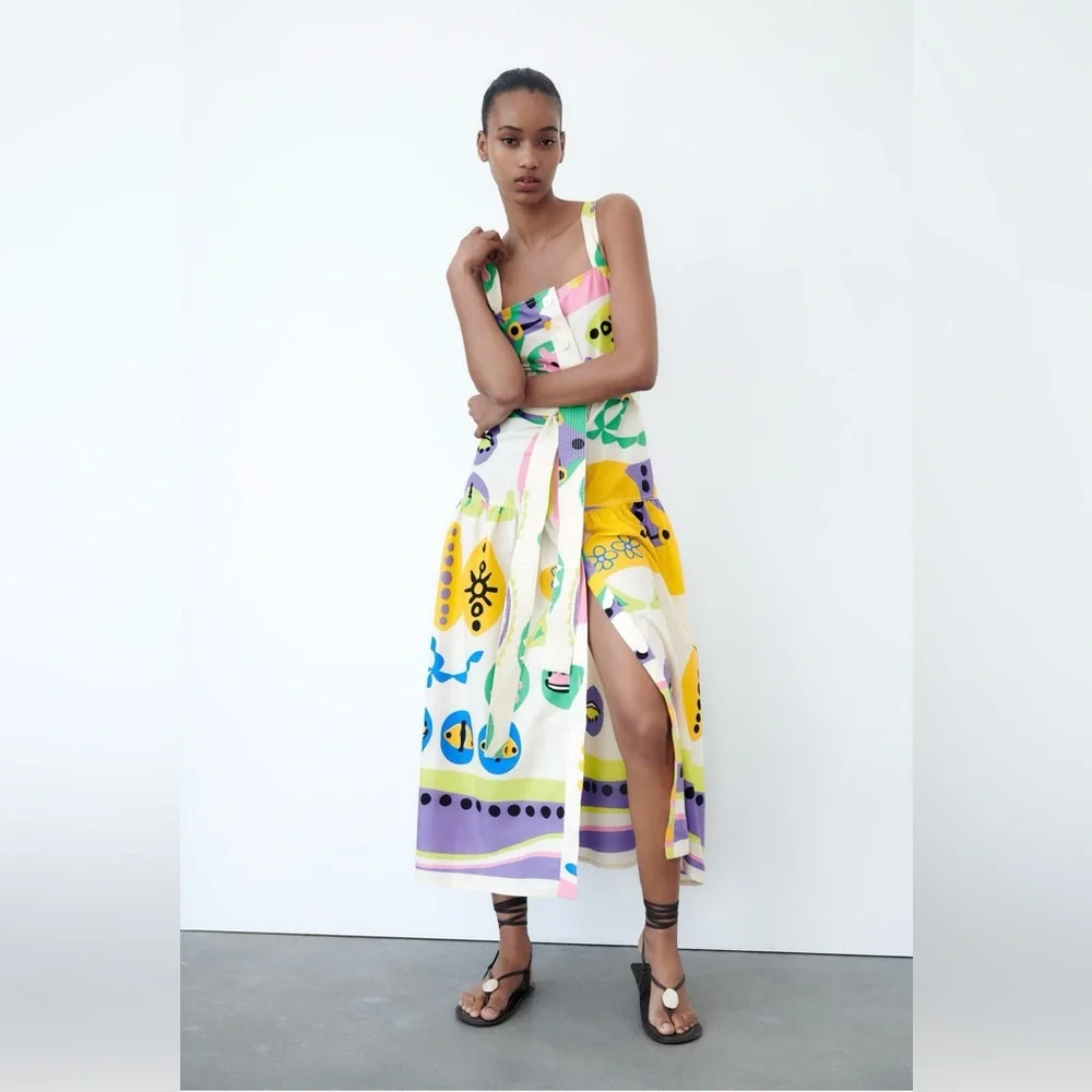 Multicoloured Printed Belted Midi Dress