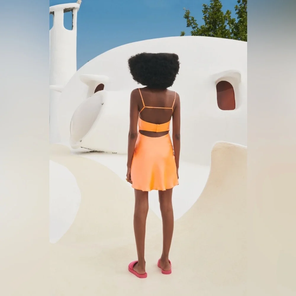 Orange Satin Cowl-Neck Mini Dress - Image 3