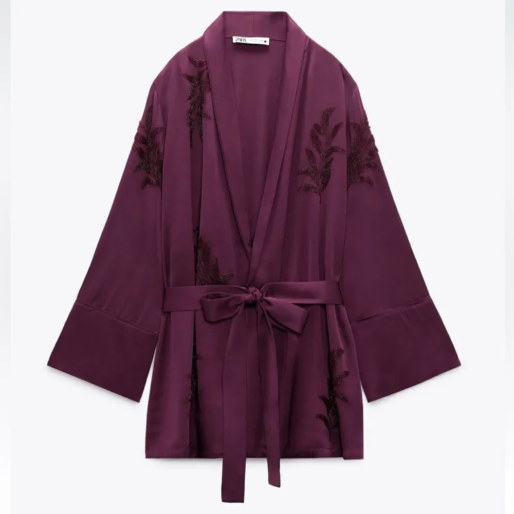 Purple Embroidered Satin Kimono Jacket