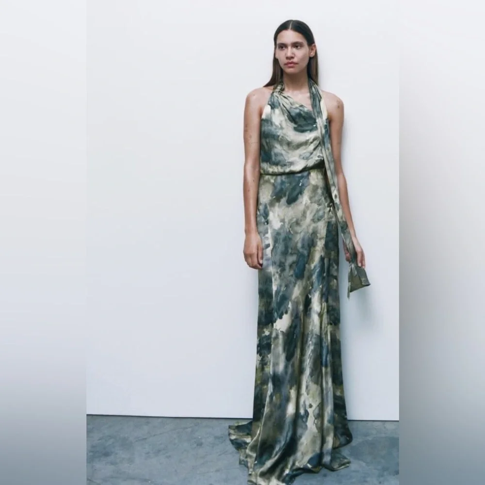 Abstract Green Halter Neck Show Back Maxi Dress