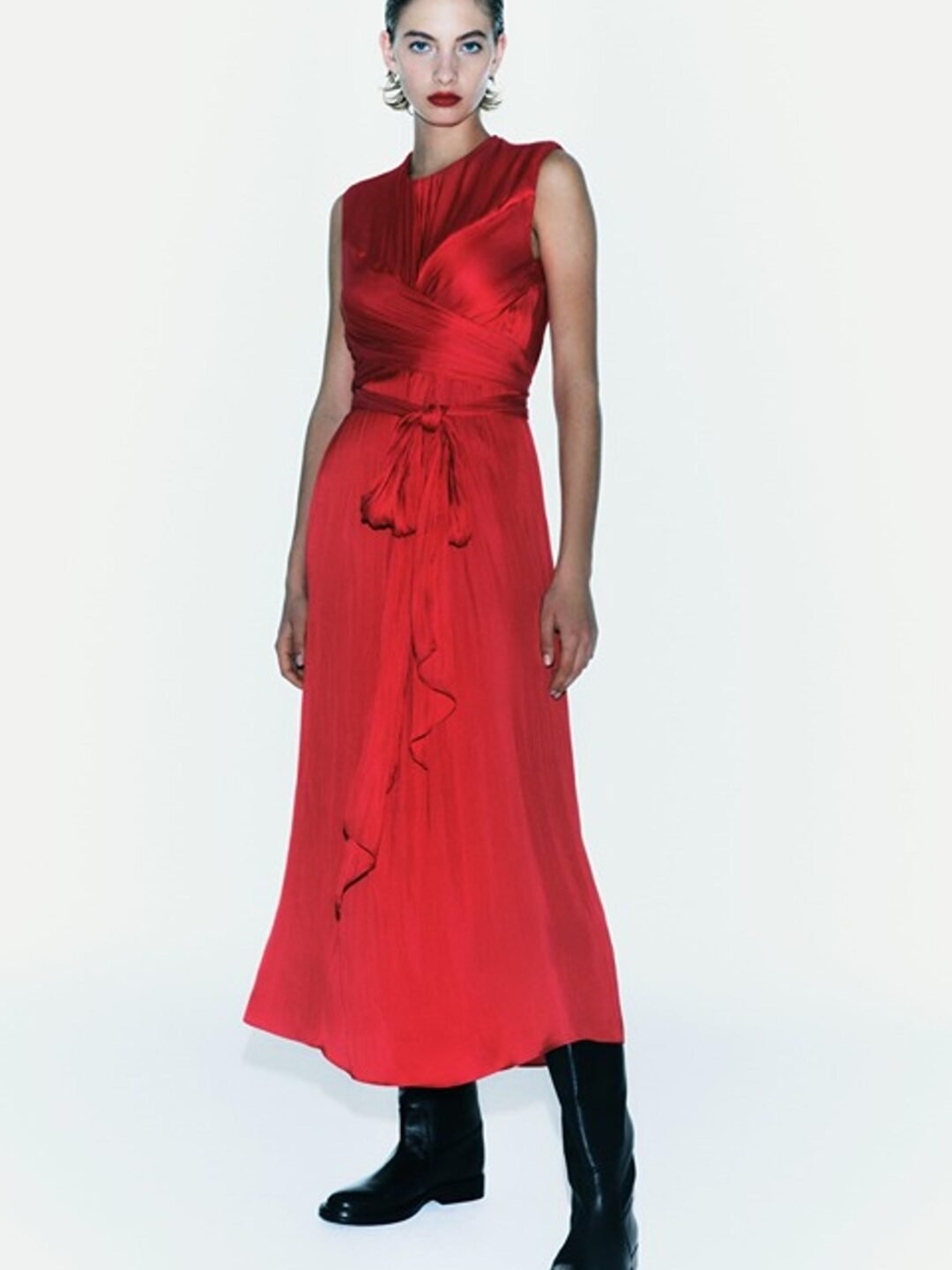 Red Sleeveless Draped Wrap-Front Maxi Dress