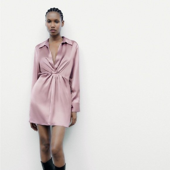 Mauve Pink Satin Ruched Waist Shirt Dress