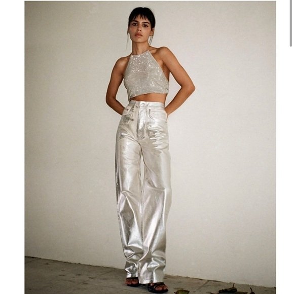Wide Leg Metallic Denim Jeans