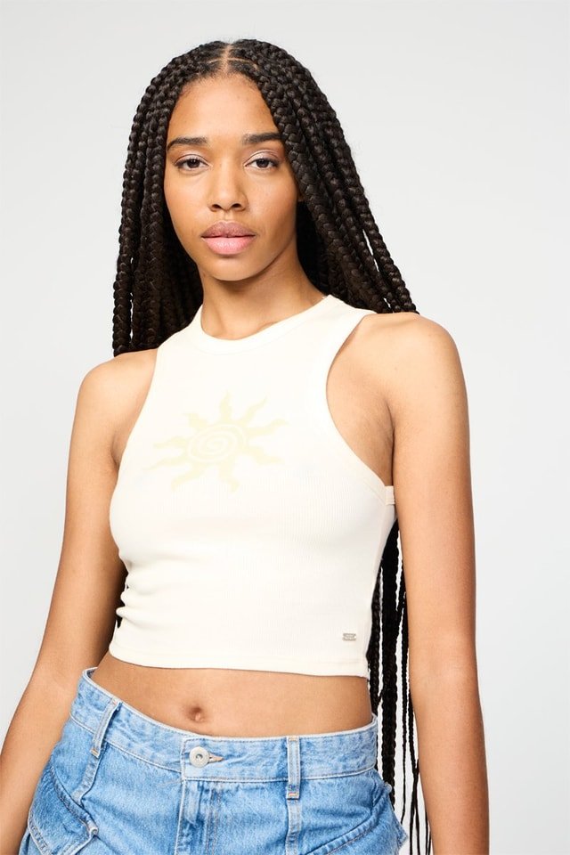 Ecru Sun Print Ribbed Cropped Tank Top
