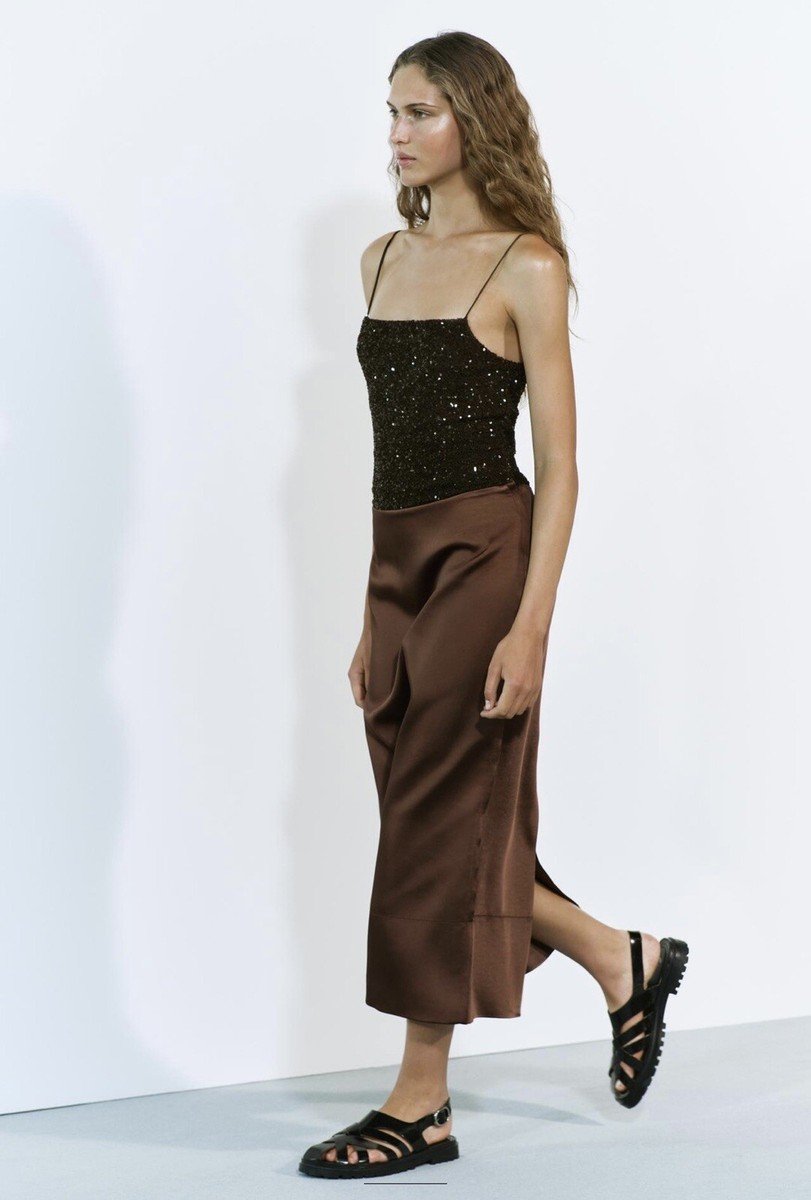 Chocolate Brown Satin Midi Skirt
