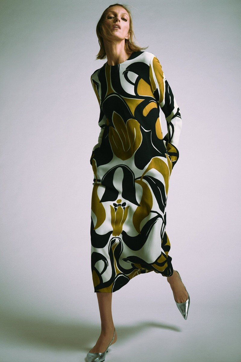 Abstract Retro Floral Print Long-Sleeve Midi Dress