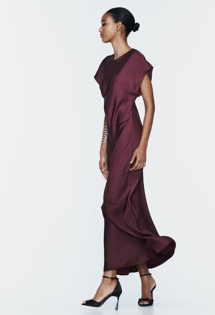 Burgundy Draped Satin Maxi Dress