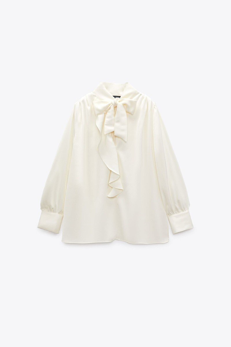 Bow Tie Satin Ruffle Blouse