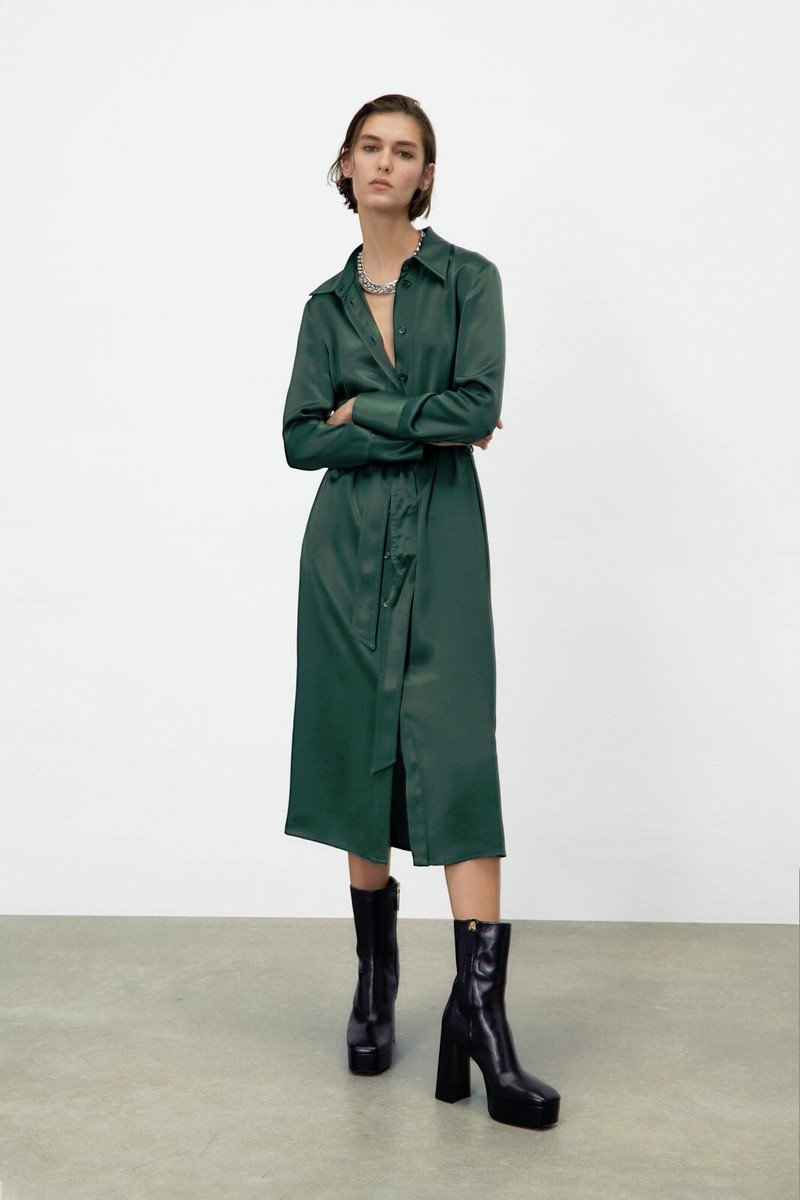 Emerald Green Satin Shirt Midi Dress