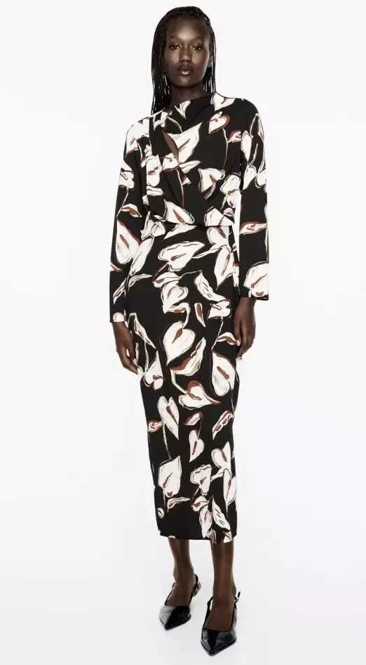 Black Base Floral Draped Cutout Midi Dress